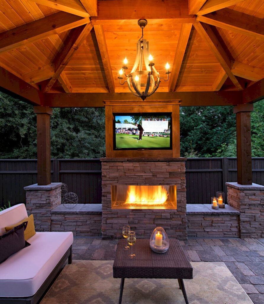 Hip Roof Timber Pavilion Fireplace TV